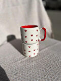 KIRMIZI KALP DESENLİ Seramik Kupa Fincan Bardak Mug Seramik Double Türk Kahve Fincanı