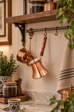 Copper Empire Bakır Cezve 9x8 cm Ahşap İşlemeli Saplı Geleneksel Türk Kahvesi Cezvesi