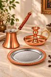 Copper Empire 3'lü Bakır Kahve Sunum Seti Cezve Şamdan Sunum Tabağı El Dövmesi