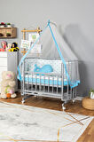 Ahşap Beşik Anne Yanı Yeni Doğan Papatya GRİ Bebek Beşiği MAVİ BALİNA UYKU SETLİ + TEKER