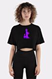 Siyah %100 Pamuk Bisiklet Yaka Crop T-shirt Acoustic Jazz Guitar One_em1037