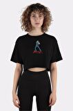 Siyah %100 Pamuk Bisiklet Yaka Crop T-shirt Andrei Cerbu - Guitar Player_em1058