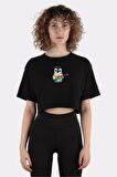 Siyah %100 Pamuk Bisiklet Yaka Crop T-shirt Baby Penguin Playing Indian Flag Guitar_em1096