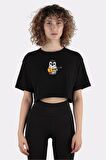Siyah %100 Pamuk Bisiklet Yaka Crop T-shirt Baby Penguin Playing Spanish Flag Guitar_em1110