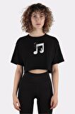 Siyah %100 Pamuk Bisiklet Yaka Crop T-shirt Bugle - Music_em1167
