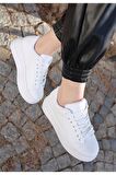 Tomiross-Carol Beyaz Beyaz Kadın Poli Taban Bağcıklı Spor Sneaker Ayakkabı CRL-2810