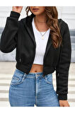 Kadın Fermuarlı Oversize Kapşonlu Crop Hırka