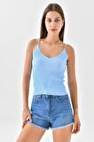 Askılı Sim Detaylı Bebe Mavi Triko Crop Top