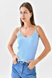 Askılı Sim Detaylı Bebe Mavi Triko Crop Top