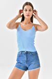 Askılı Sim Detaylı Bebe Mavi Triko Crop Top