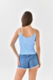Askılı Sim Detaylı Bebe Mavi Triko Crop Top