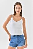Askılı Sim Detaylı Beyaz Triko Crop Top