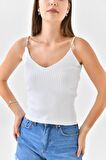 Askılı Sim Detaylı Beyaz Triko Crop Top