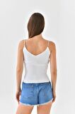 Askılı Sim Detaylı Beyaz Triko Crop Top