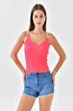 Askılı Sim Detaylı Fuşya Triko Crop Top