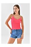 Askılı Sim Detaylı Fuşya Triko Crop Top