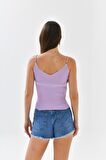 Askılı Sim Detaylı Lila Triko Crop Top