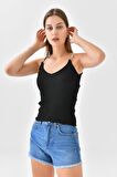 Askılı Sim Detaylı Siyah Triko Crop Top