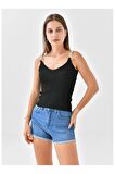 Askılı Sim Detaylı Siyah Triko Crop Top