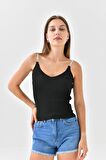 Askılı Sim Detaylı Siyah Triko Crop Top
