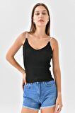 Askılı Sim Detaylı Siyah Triko Crop Top