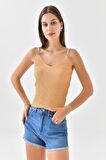 Askılı Sim Detaylı Vizon Triko Crop Top