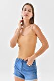 Askılı Sim Detaylı Vizon Triko Crop Top