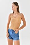 Askılı Sim Detaylı Vizon Triko Crop Top