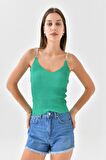 Askılı Sim Detaylı Yeşil Triko Crop Top