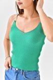 Askılı Sim Detaylı Yeşil Triko Crop Top