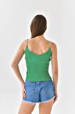 Askılı Sim Detaylı Yeşil Triko Crop Top