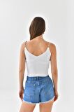 Askılı Sim Detaylı Beyaz Mini Triko Crop Top