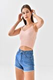 Askılı Sim Detaylı Pudra Mini Triko Crop Top