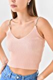 Askılı Sim Detaylı Pudra Mini Triko Crop Top
