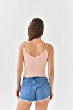 Askılı Sim Detaylı Pudra Mini Triko Crop Top