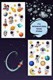 2 Sayfa Uzay Sticker, Gezegen - Astronot - Yıldız - Meteor - Uzaylı Etiket
