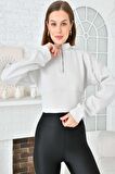 Balıkçı Yaka Fermuarlı Gri Kadın Crop Sweatshırt