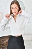 Balıkçı Yaka Fermuarlı Gri Kadın Crop Sweatshırt