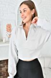 Balıkçı Yaka Fermuarlı Gri Kadın Crop Sweatshırt