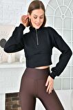 Balıkçı Yaka Fermuarlı Lacivert Kadın Crop Sweatshırt