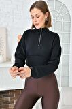 Balıkçı Yaka Fermuarlı Lacivert Kadın Crop Sweatshırt
