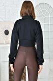 Balıkçı Yaka Fermuarlı Lacivert Kadın Crop Sweatshırt