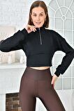 Balıkçı Yaka Fermuarlı Lacivert Kadın Crop Sweatshırt