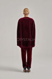 Pelerinli Taş Nakış İşlemeli Bordo Kadife Takım