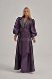 İşlemeli Belden Bağlamalı Mor Uzun Ceket