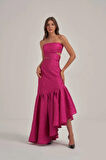 Straplez Çapraz Detaylı Fuşya Elbise