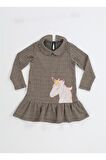 Unicorn Ekose Fırfırlı Kız Çocuk Elbise