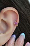 Gold Halka Fuşya Pembesi Mini Çiçekli Tragus Piercing Helix Kıkırdak Lob