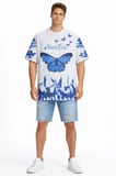 Erkek Asit Yıkamalı Oversize Tişört Mavi Kelebek Baskılı Dijital Print Bisiklet Yaka Streetwear TShirt