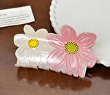 Pembe Beyaz Çiçek Desenli Kemik Saç Tokası – Bahar Temalı 9 cm Mandal Toka